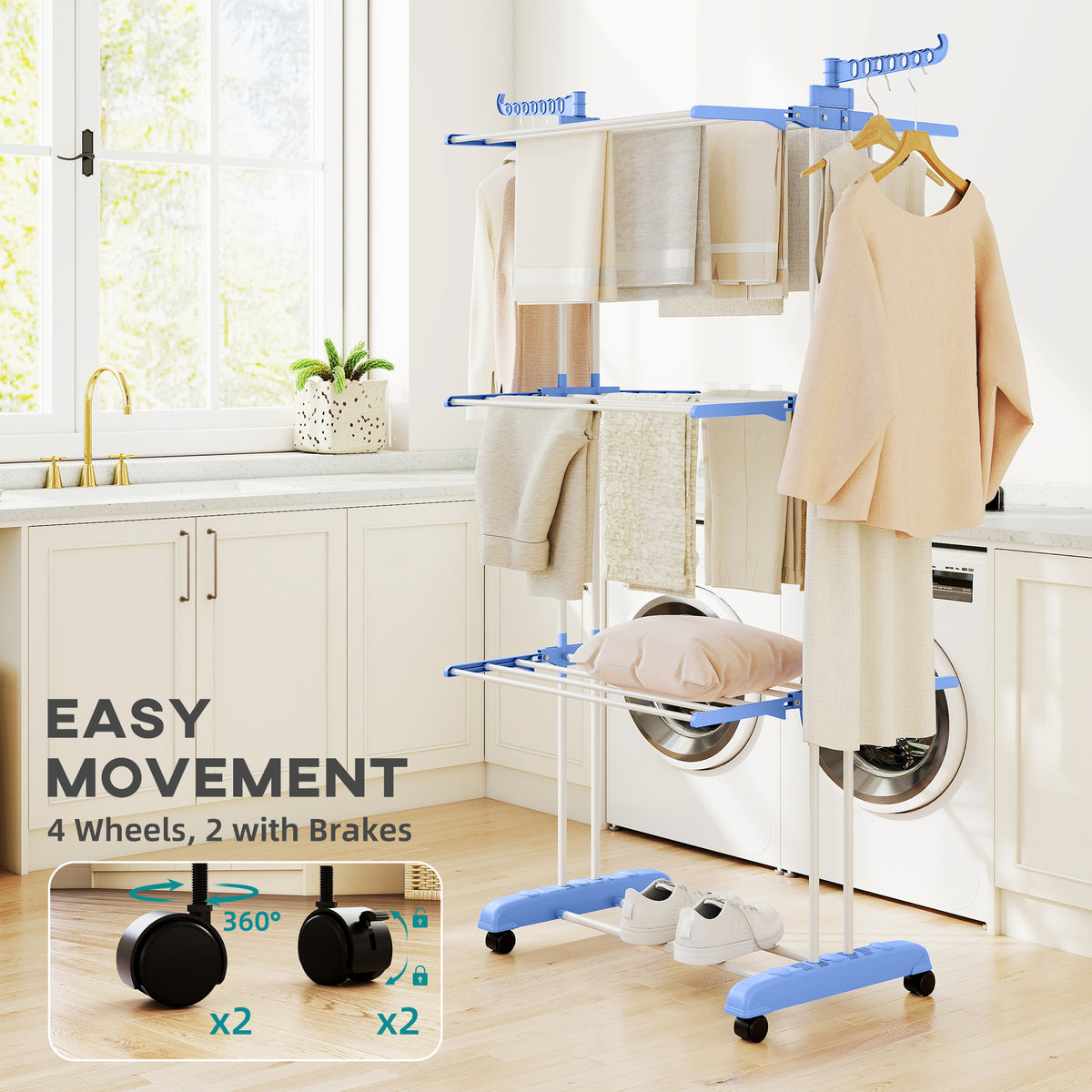 Foldable Clothes Drying Rack, 4-Tier Steel Laundry Rack for Drying Clothes with 2 Side Wings and 4 Castors – view 13