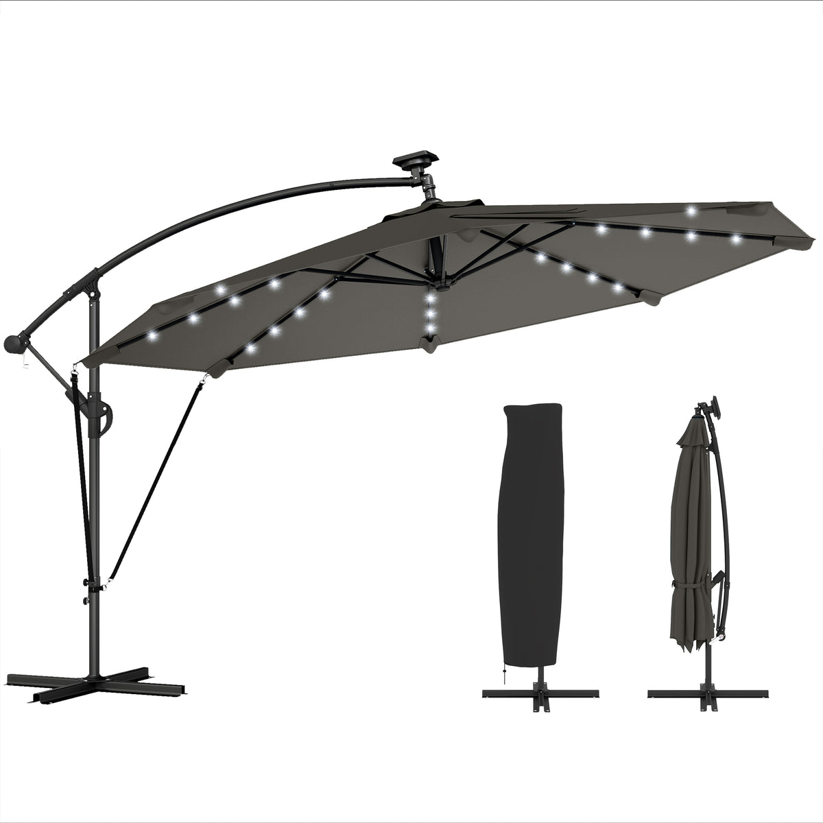11.3 ft Cantilever Patio Umbrella with Light, Cover, Aluminium UPF50+ Offset Outdoor Umbrella Parasol