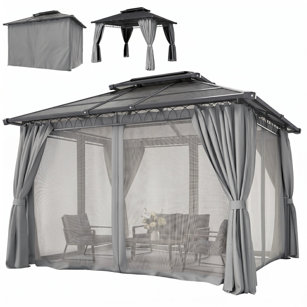 10' x 10' Outdoor Hardtop Gazebo Canopy w/ Double PC Roof, Steel Frame, Nettings – view 36