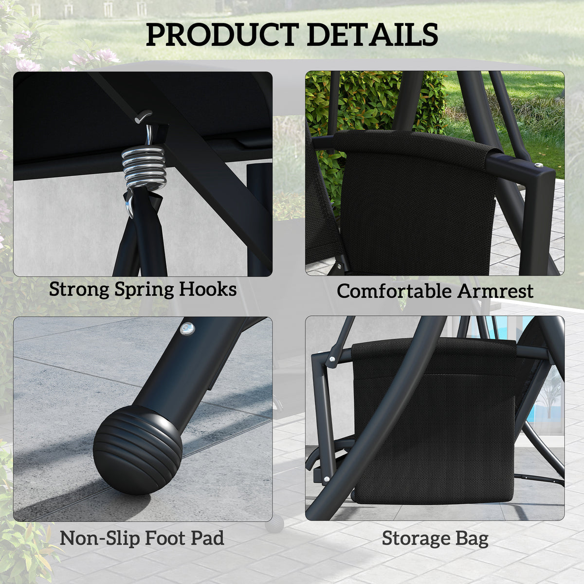 3 Person Porch Swing Outdoor Swing Chair with High Back Design, Side Pouches and Adjustable Canopy, Brown – view 19