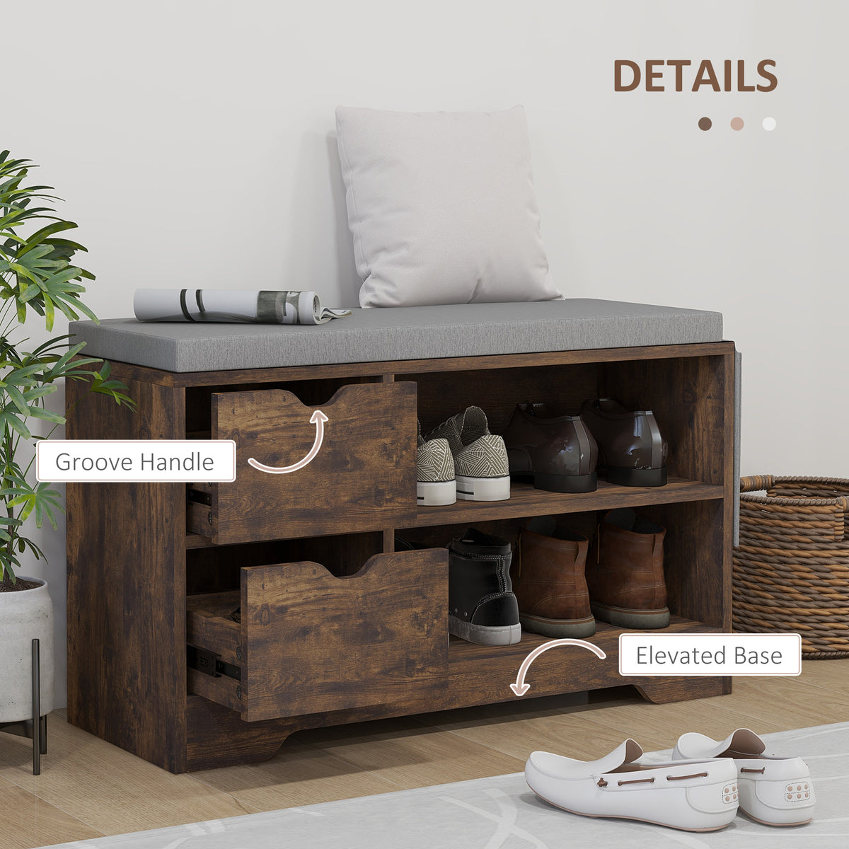 Upholstered Shoe Storage Bench w/ Seat, Entrance Bench w/ Drawer Open Shelves and Pocket for Hallway, White – view 19