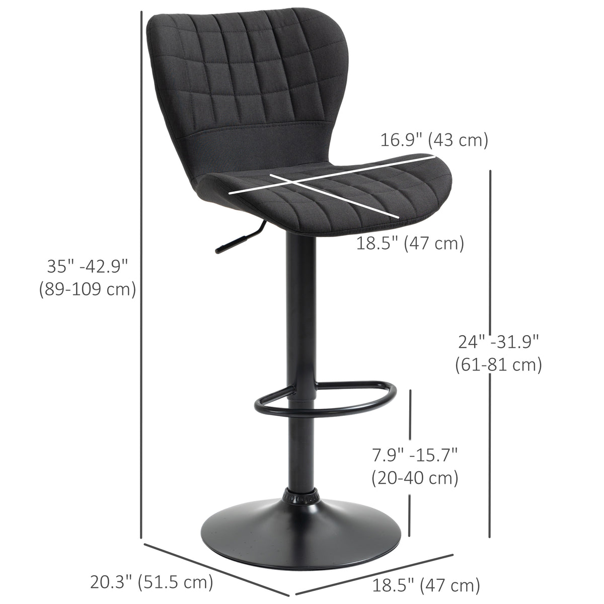 Bar Stools Set of 2, Adjustable Height Swivel Bar Chairs, Linen-feel Fabric Upholstered Kitchen Counter Stools with Wide Seat, Back and Footrest, Black