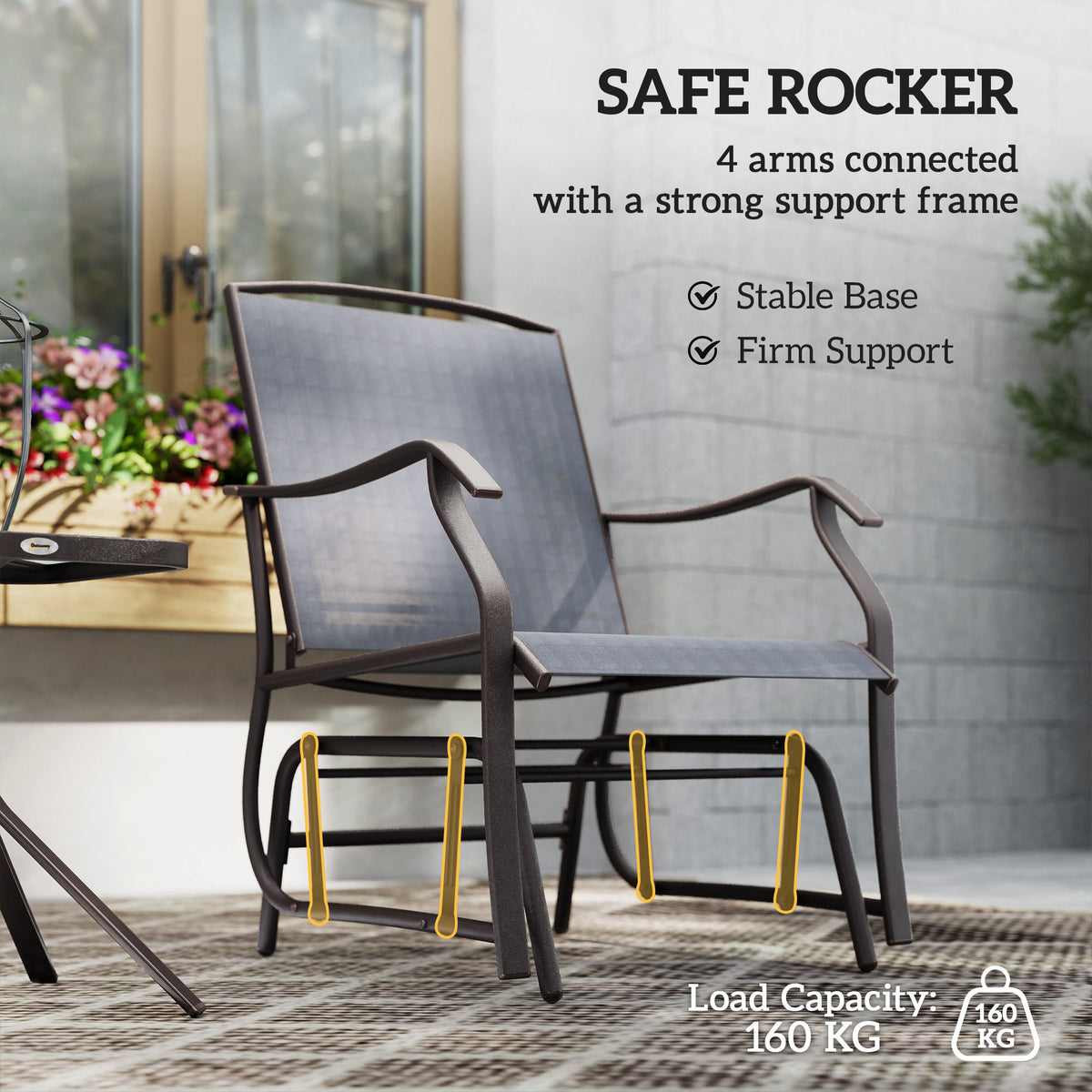3 Piece Patio Glider Set Outdoor Gliders with Breathable Mesh Seat, Glass Top Table for Garden, Yard, Grey – view 5