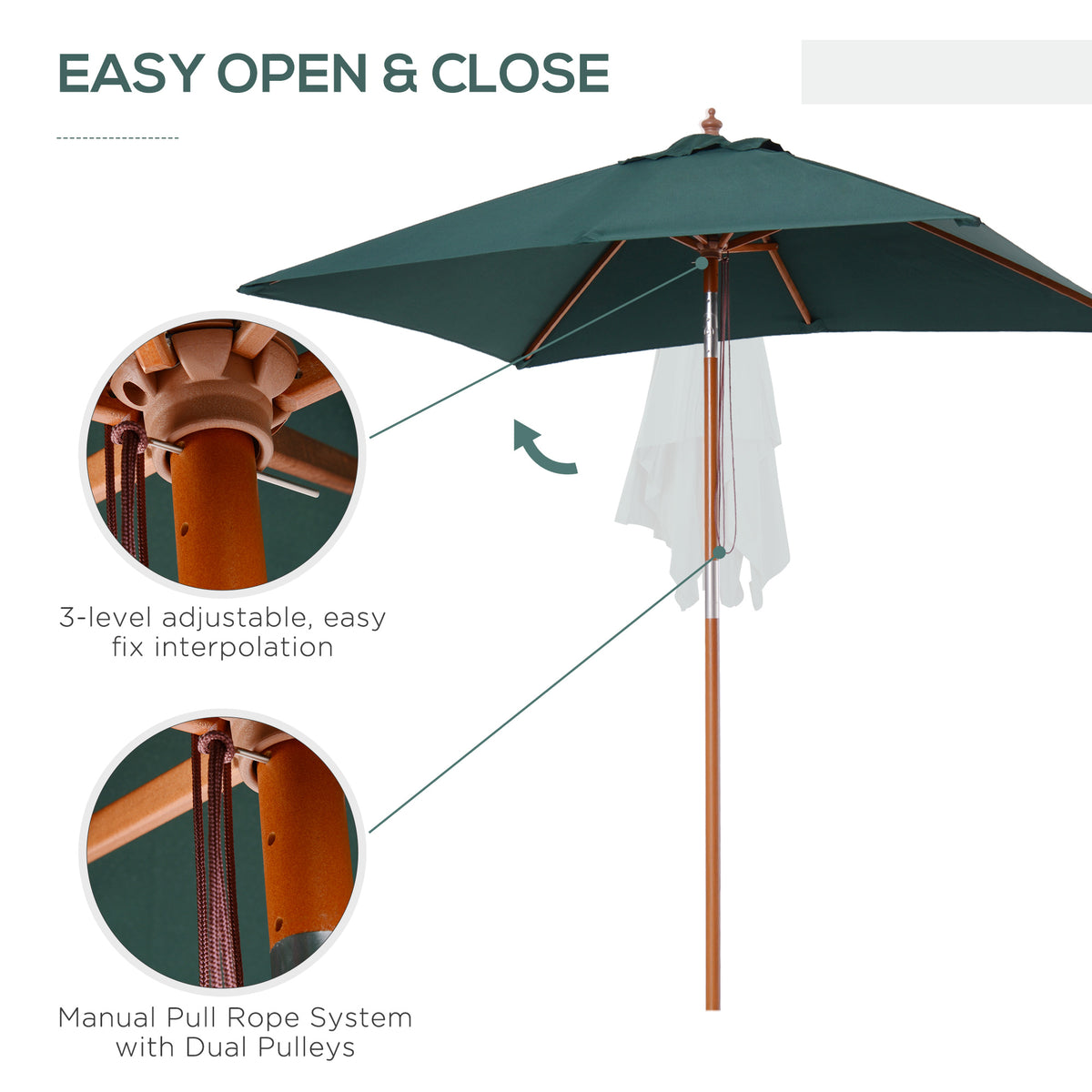 6.6x5ft Square Market Parasol, Wooden Patio Umbrella with Tilt Mechanism and 6 Bamboo Ribs – view 12