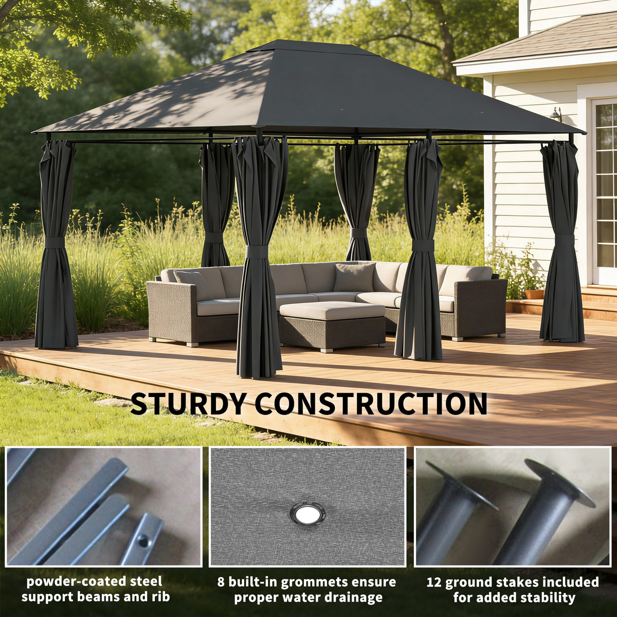13'x 10' Soft-top Steel Patio Gazebo Canopy Party Tent with 6 Removable Curtains and Drainage Holes, Khaki – view 10