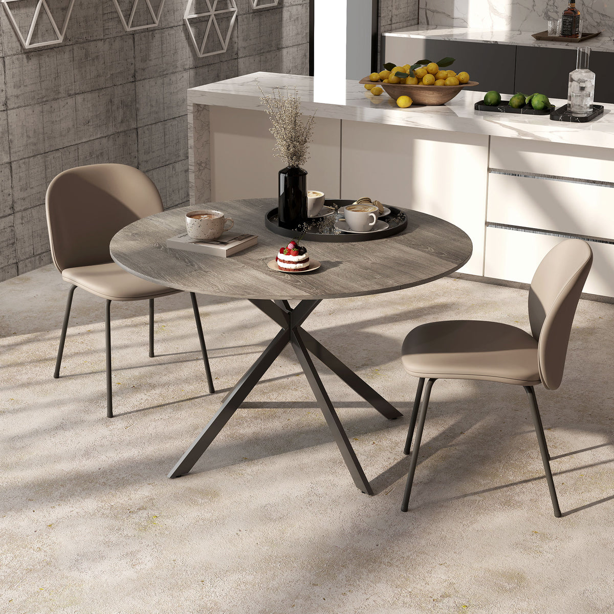 47" Round Kitchen Table for 4, Industrial Dining Table with Steel Legs for Dining Room, Grey Wood Grain and Black