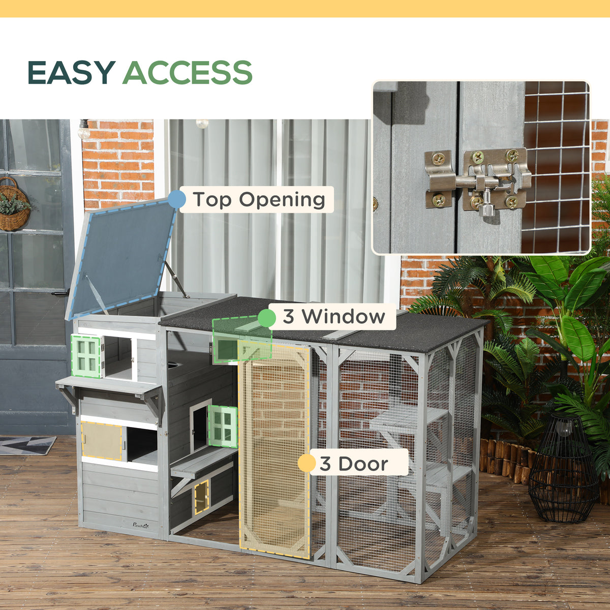 Wooden Cat Catio, 76"L Walk in Outdoor Cat House with Asphalt Roof, Platforms, Lockable Doors – view 5