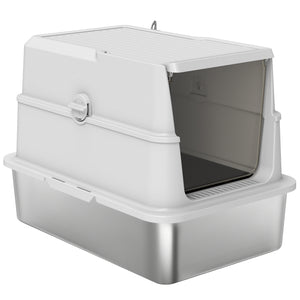 XL Stainless Steel Cat Litter Box for Big Cats with Flip Top, Scoop, Easy Clean & No Odors, Non-Sticky