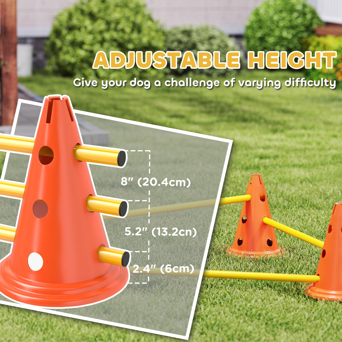 Dog Agility Hurdle Cone Set, Adjustable Obstacle Course Equipment with 6 Cones & 6 Poles, Carry Bag, Orange