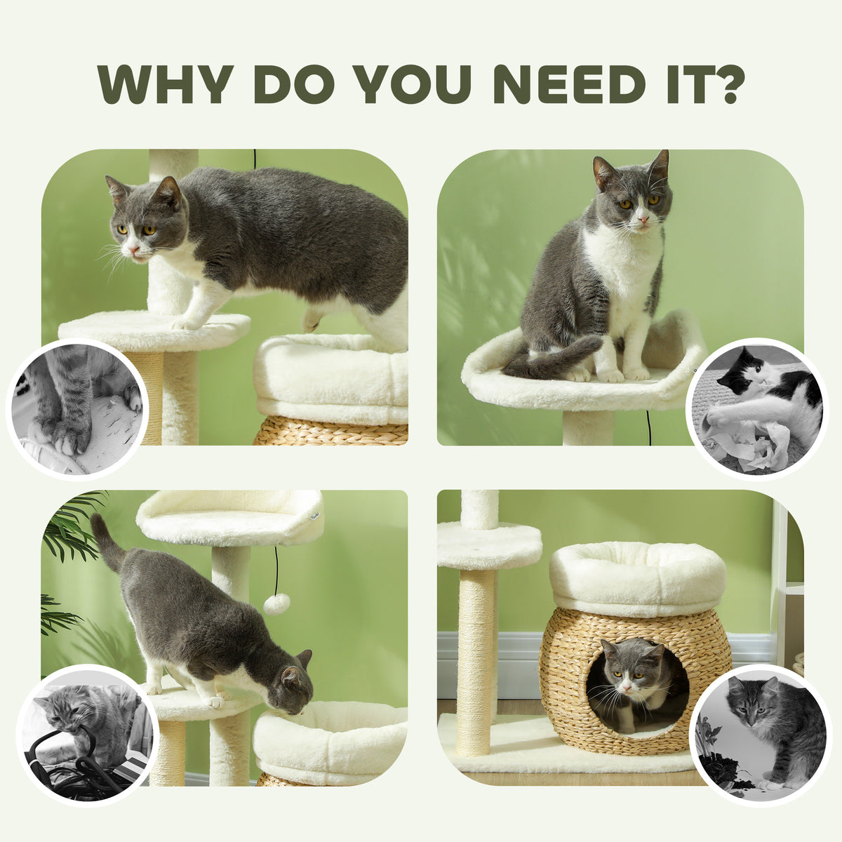 31" Cat Tree Tower with Scratching Posts, Cat Condo, Beds, Platform, Toy Ball, for Indoor Cats, Cream White