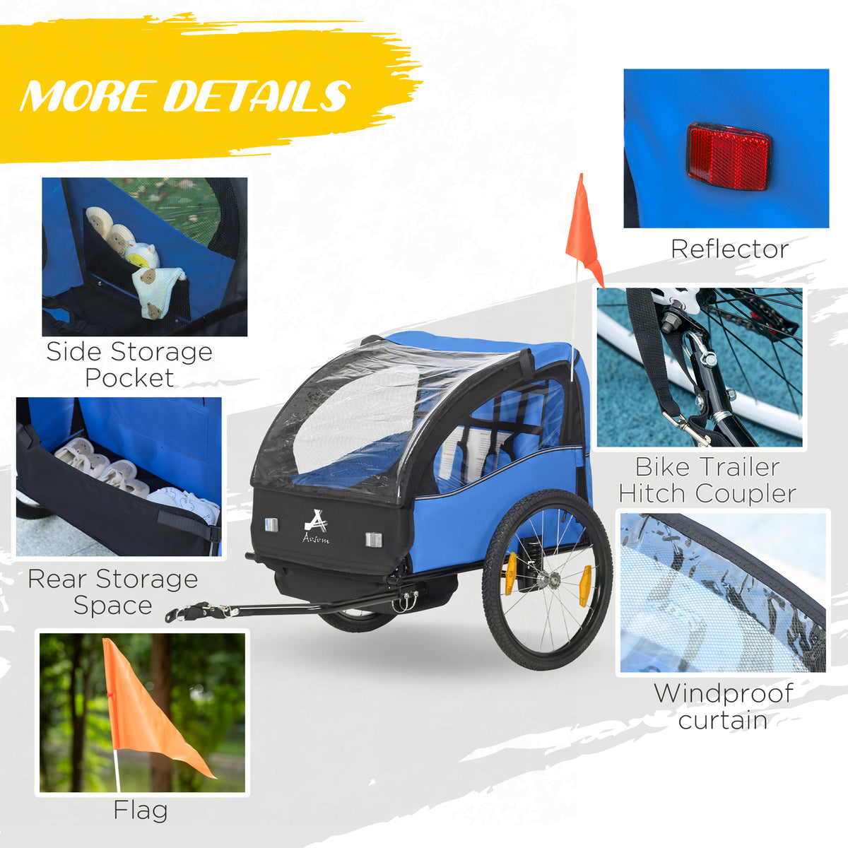 Aosom 2 Seat Bike Trailer for Kids, Baby Stroller with Storage Bag, 5 Point Harness, Bicycle Trailer with 20" Wheels