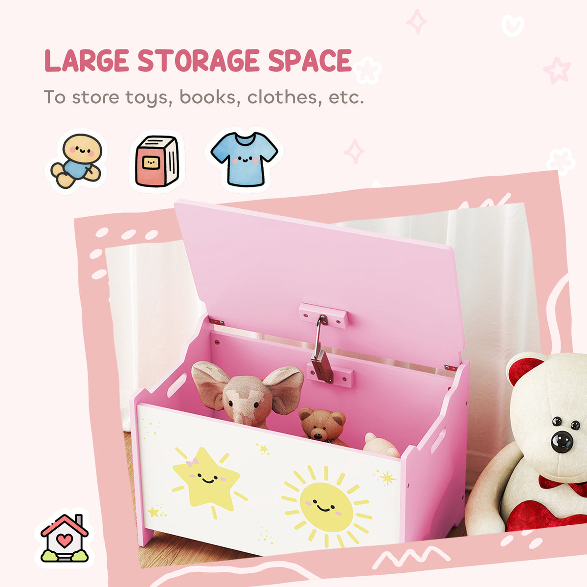 Qaba Toy Chest, Kids Storage Chest with Lid, Safety Hinges and Groove Handles for Boys, Girls