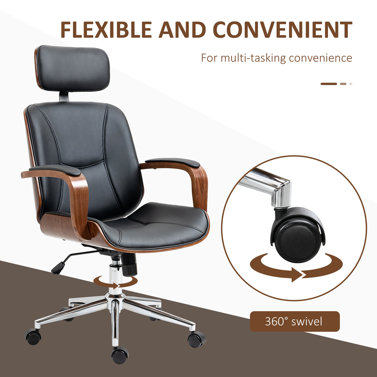 Office Chair, PU Leather Desk Chair with Removable Headrest, Adjustable Height, Tilt Function and with Wheels, Black