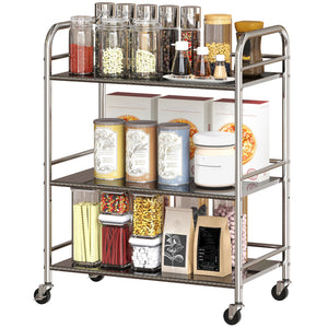 3 Tier Stainless Steel Rolling Cart with Adjustable Shelf, Utility Cart on Wheels with Handles for Kitchen