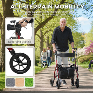Foldable Rollator Walker with Seat for Seniors, Lightweight Rolling Walker with Adjustable Handles - Red