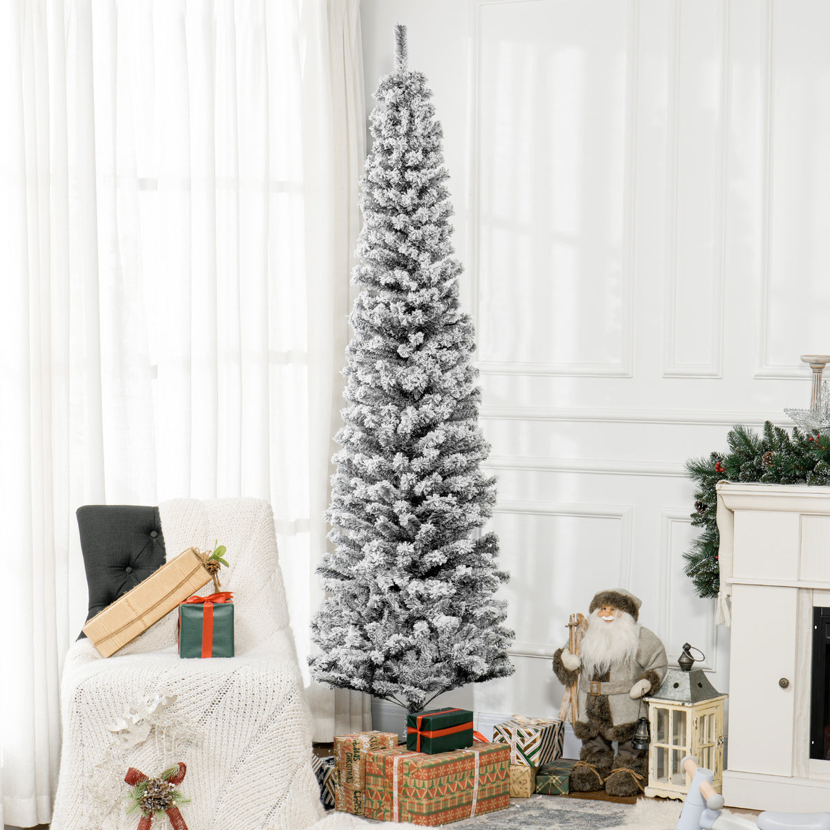 6ft Flocked Christmas Tree, Pencil Christmas Tree with Realistic Branch Tips, Folding Metal Stand, Green – view 42