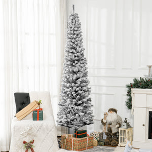 6ft Flocked Christmas Tree, Pencil Christmas Tree with Realistic Branch Tips, Folding Metal Stand, Green – view 42