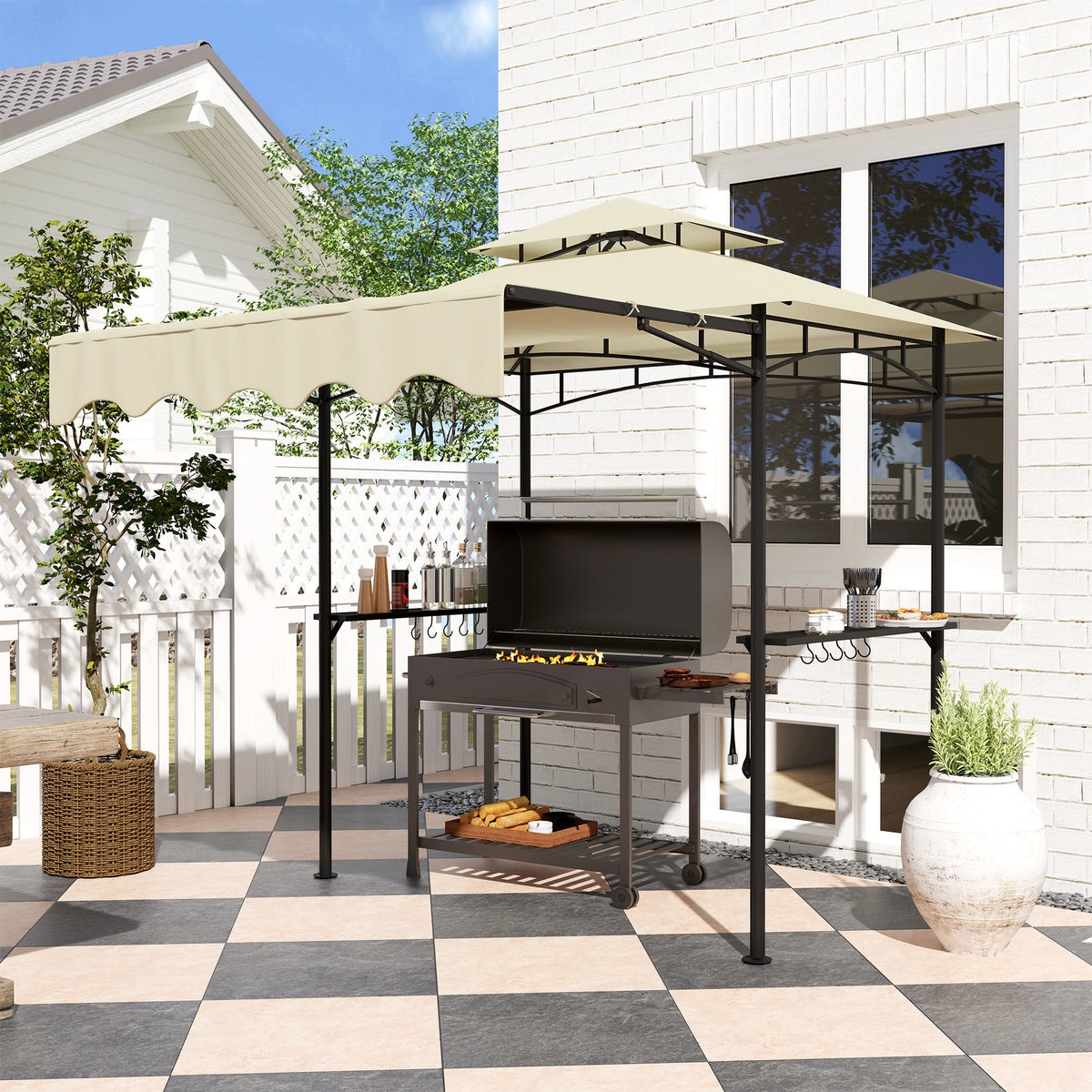 8' x 7.6' Grill Gazebo, Double Tiered Barbecue Grill Gazebo Shelter w/ Side Awning, 2 Side Shelves – view 7