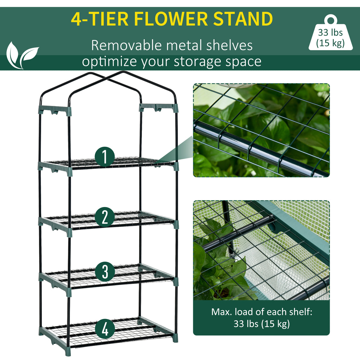 Portable Greenhouse Outdoor Hot House with 4 Tier Shelves, Steel Frame, PE Cover, 28" x 20" x 63" , White – view 8