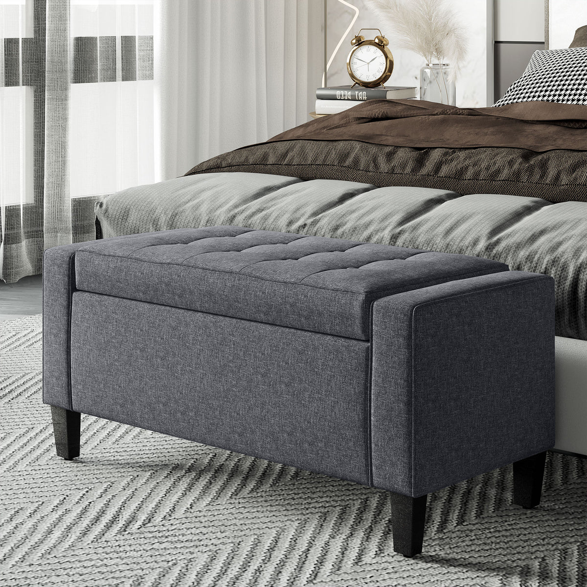 Storage Ottoman Bench, Linen Upholstered Bench with Tufted Design, Flipping Top, Dark Grey