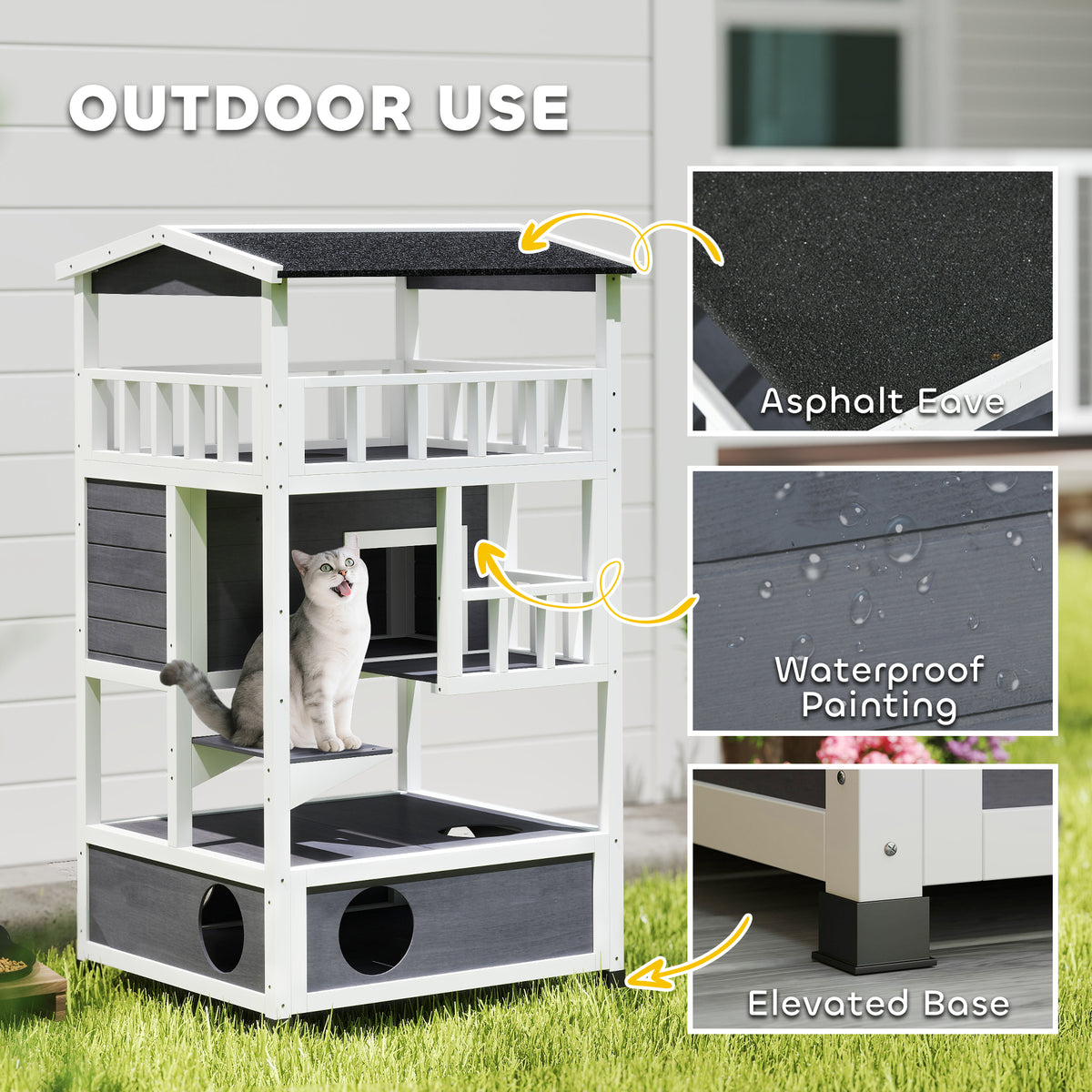 4-Floor Wood Outdoor Cat House Catio for Cats with Condo, Fun Entrances, Perch, Grey – view 5