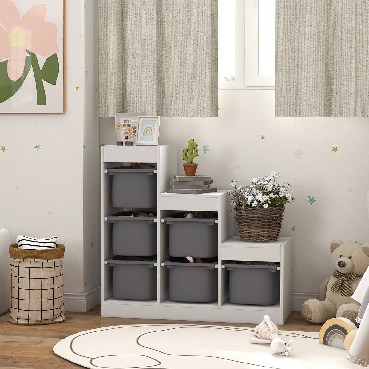 Qaba 3 Layers Toy Storage Organizer Kids Bookshelf Children Toy Storage w/ 6 Plastic Bins