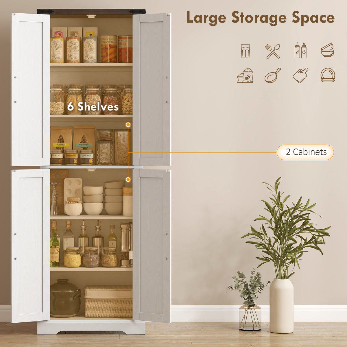 72" Pantry Cabinet, Farmhouse Freestanding Kitchen Storage Cabinet with Adjustable Shelves for Dining Room – view 10