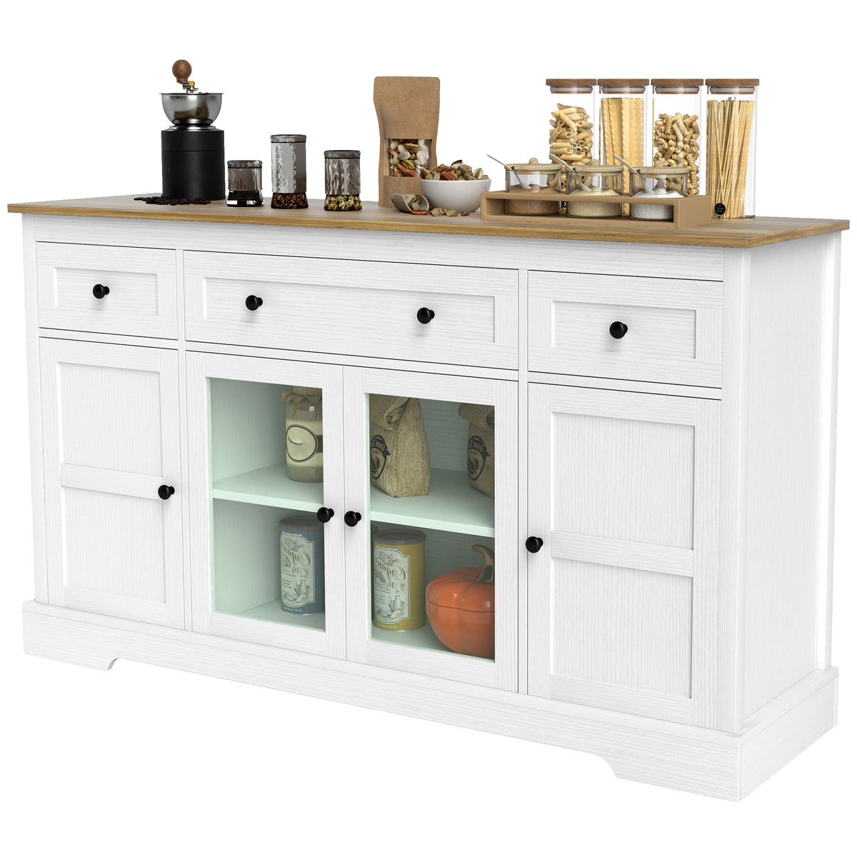Dining Room Sideboard Buffet Cabinet with Storage, Coffee Bar Cabinet with Glass Doors and Adjustable Shelves, Weathered Grey Oak