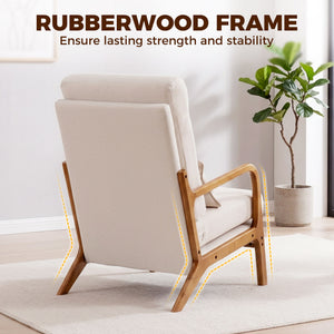 Modern Accent Chair, Linen Armchair with Lumbar Pillow, High Back, Wide Seat, Thick Cushion, Solid Wood Frame, Cream White