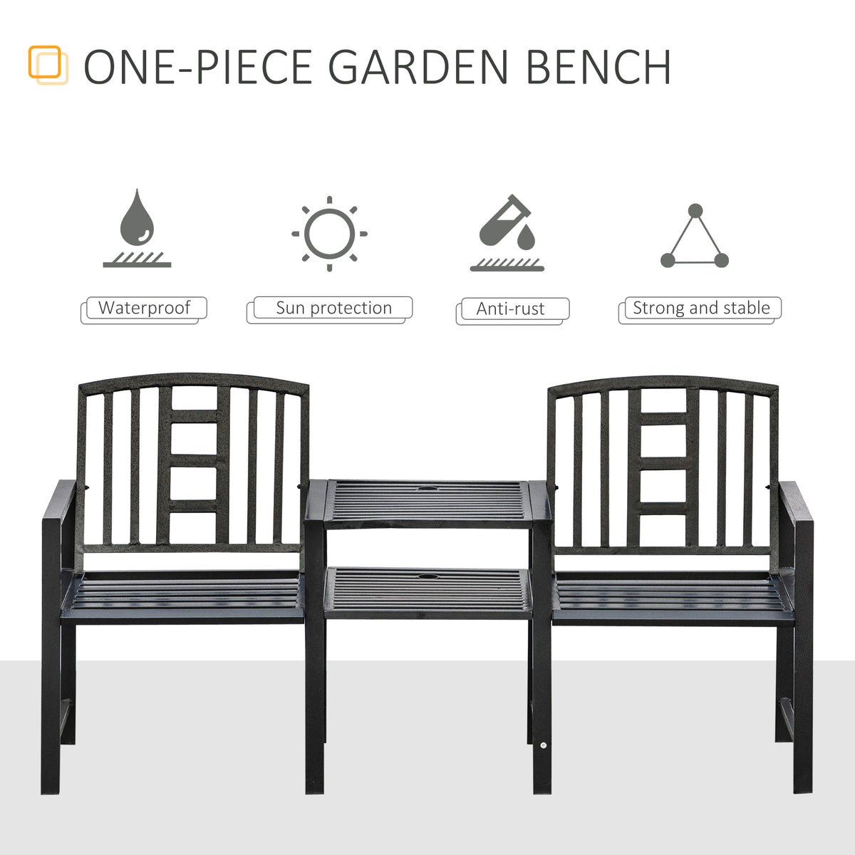Steel Garden Bench w/ Middle Table, Umbrella Hole, Double Seat for Outdoor, Patio, Backyard  Weather-Resistant Frame, Black