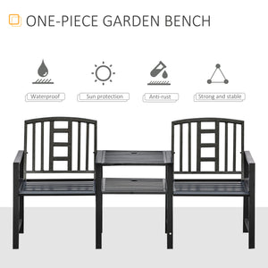 Steel Garden Bench w/ Middle Table, Umbrella Hole, Double Seat for Outdoor, Patio, Backyard  Weather-Resistant Frame, Black