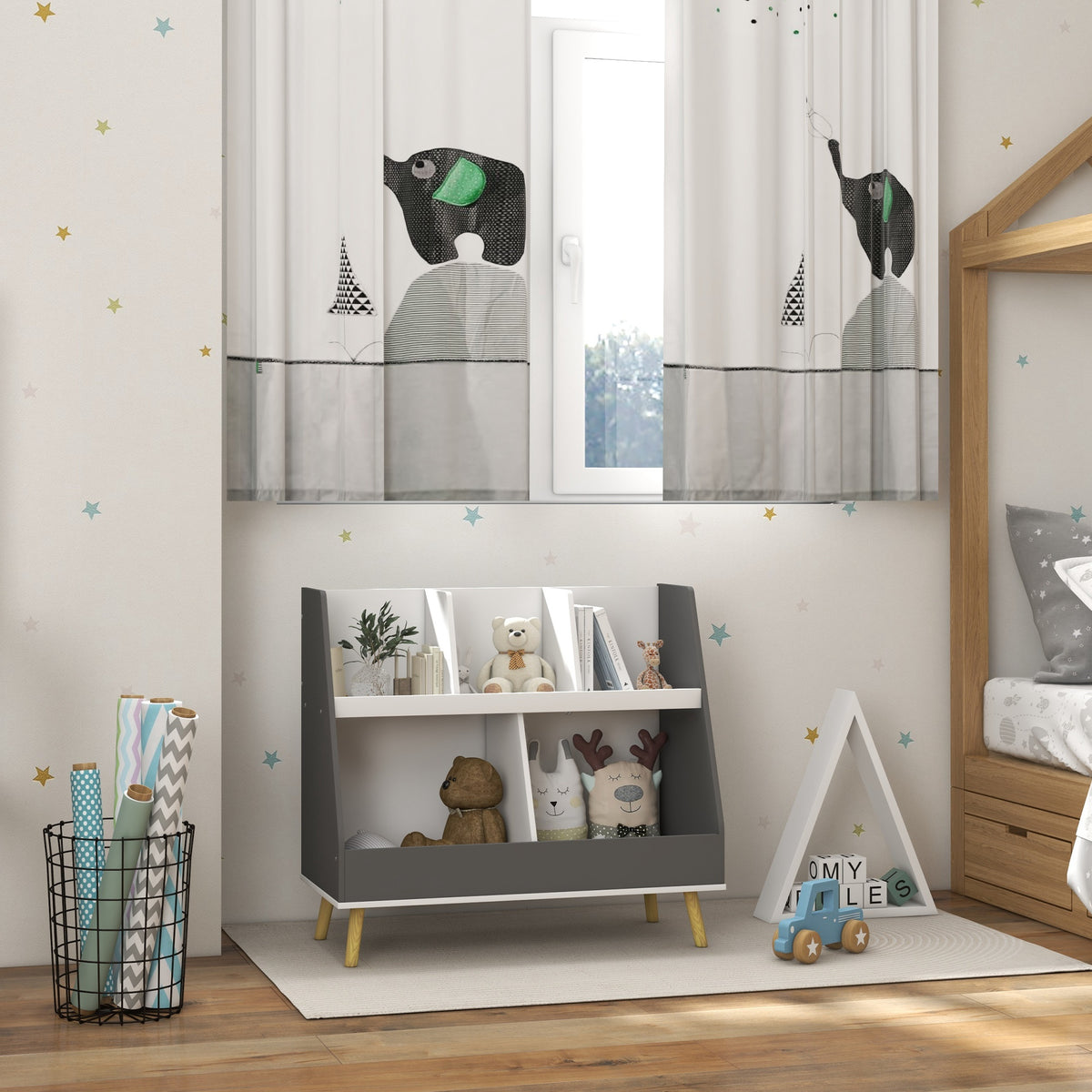 Qaba 2 Tier Kids Toy Storage Organizer with 5 Compartments, Anti-tip Device, for Nursery, Playroom, Grey