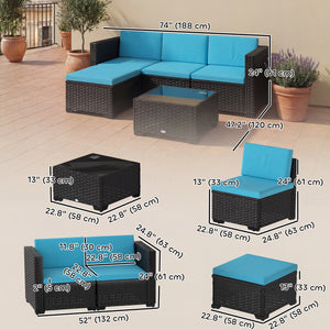 5 Piece Patio Furniture Set, L-Shape Wicker Outdoor Sectional with 3 Chairs, Ottoman, Glass Table, Cushions, Turquoise