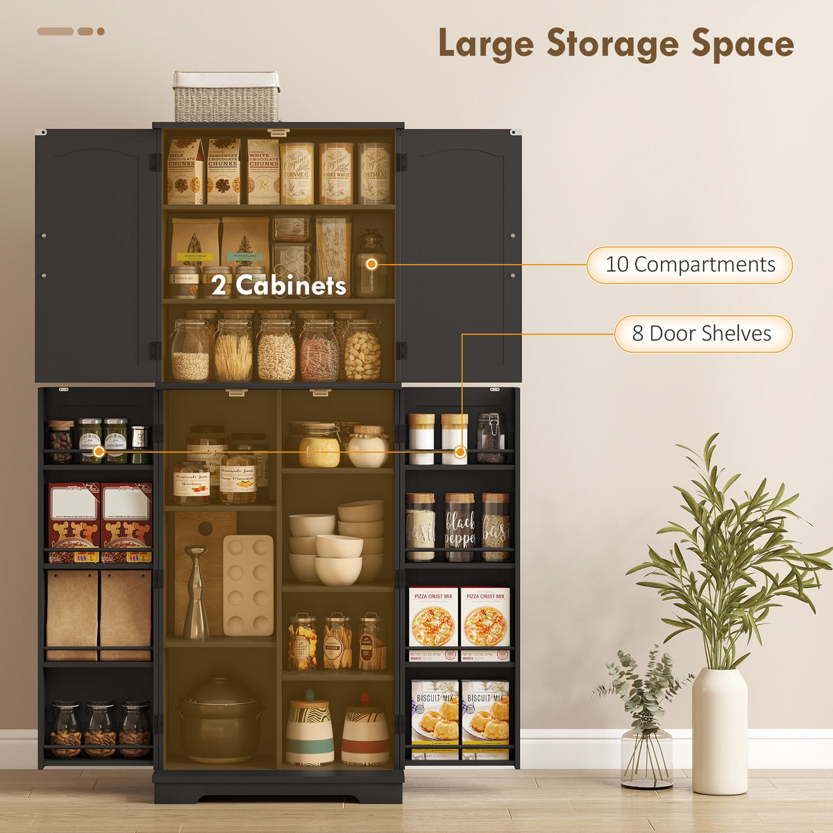 Tall Pantry Cabinet, 64" Storage Cabinet with Adjustable Shelves and 8 Door Spice Racks for Kitchen – view 3