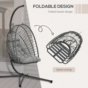 Hanging Egg Chair with Stand, Foldable Wicker Rattan Swing Chair with Thick Cushion, Light Grey