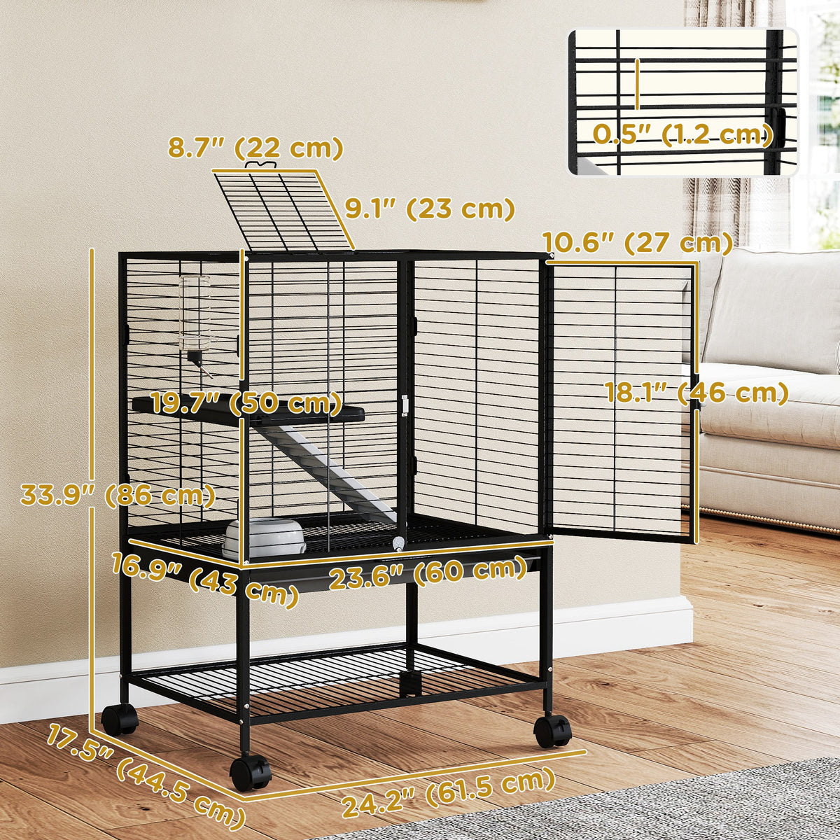 Rolling Small Animal Cage 34"H Chinchilla Cage for Ferrets, Squirrels w/ Removable Tray, Storage Shelf – view 2