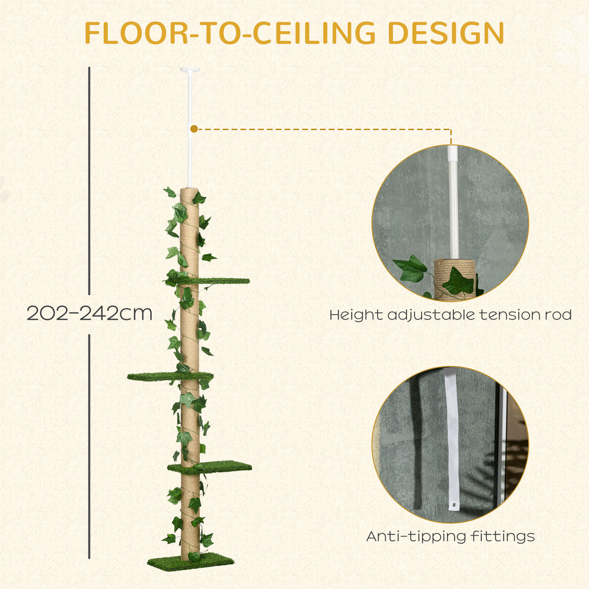 4-Tier Floor to Ceiling Cat Tree, Height(80-95Inches)Adjustable, Tall Cat Tower w/ Anti-Slip Kit, Leaves, Multi-Layer Activity Centre w/ Scratching Post