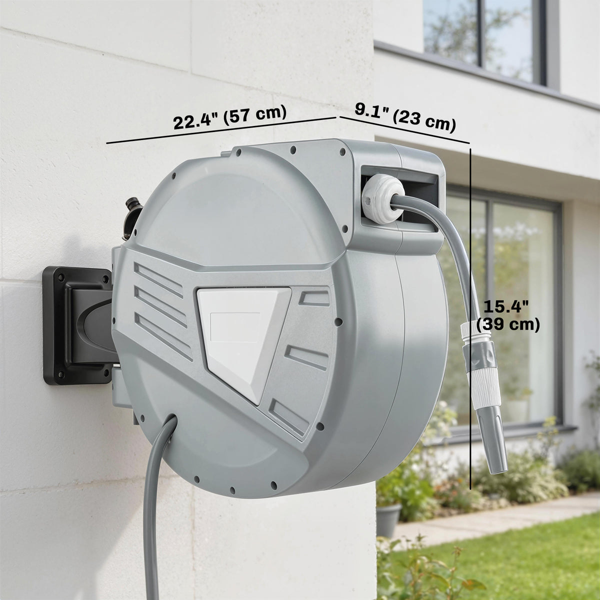 Retractable Garden Hose Reel, 1/2" x 98ft Wall Mounted Hose Reel with Auto Retraction, Self-Locking, Grey