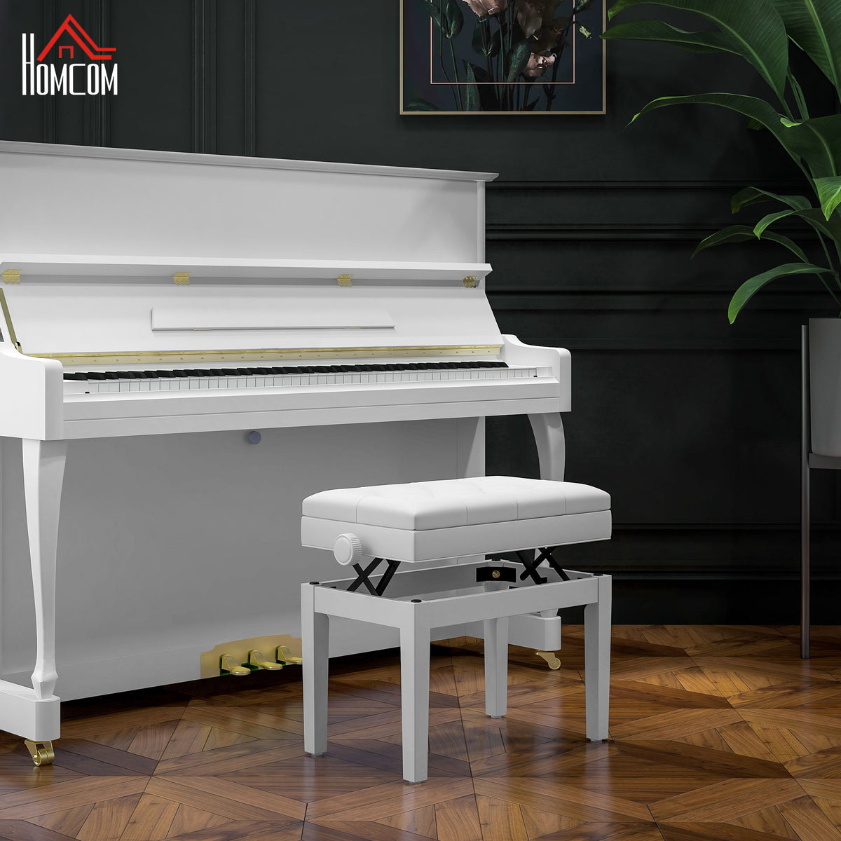 Adjustable Piano Bench with Storage and Soft PU Leather Padded, with Enough Music Storage Design, White