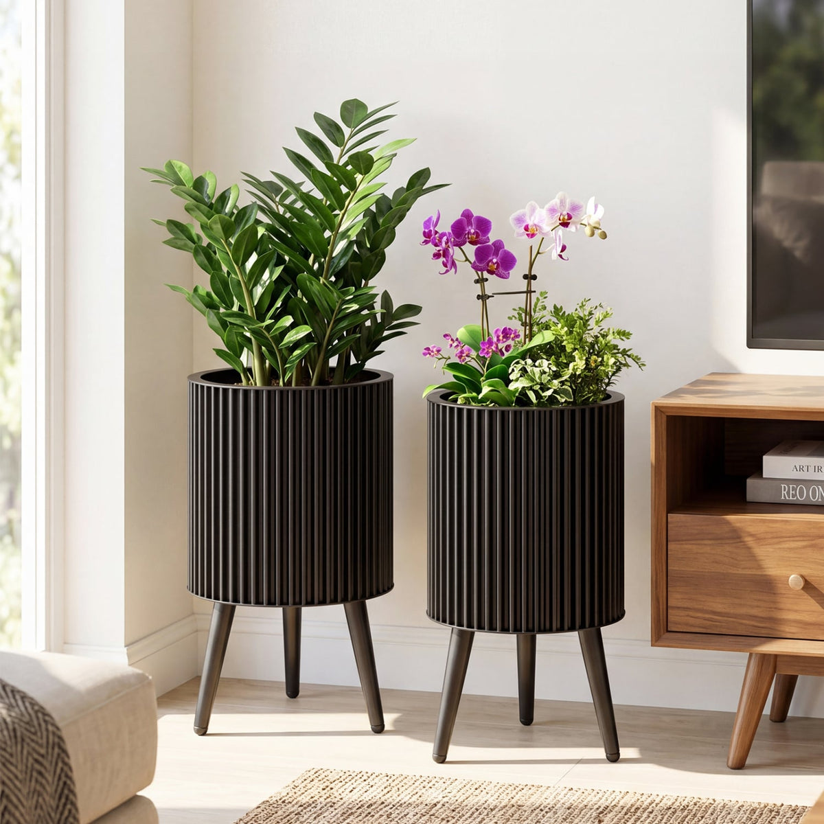 Decorative Flower Pots with Stand and Drainage Holes Set of 2-S view 2
