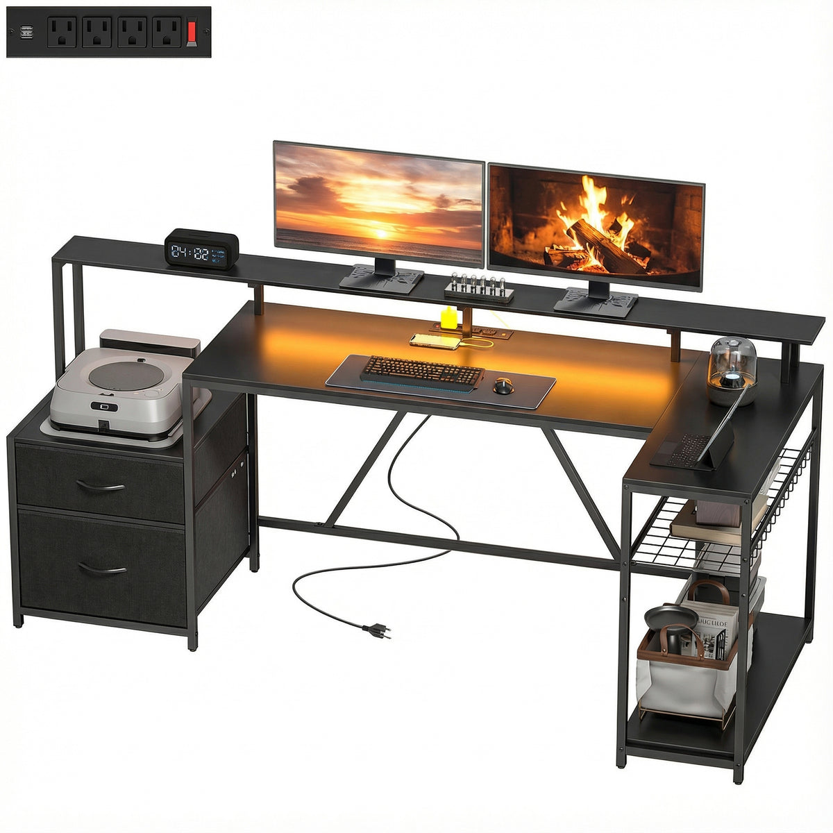 76" Gaming Desk, Reversible Computer Table with RGB Lights, USB Ports, Monitor Stand and 2 Fabric Drawers