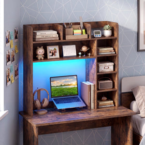 Desktop Bookshelf with LED Lights 35.5 inch Desk Hutch Storage Organizer-Rustic Brown view 2