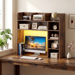 Desktop Bookshelf with LED Lights 35.5 inch Desk Hutch Storage Organizer-Rustic Brown view 3