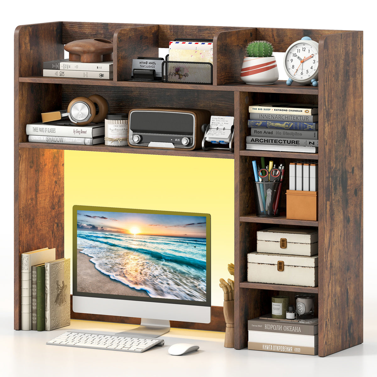Desktop Bookshelf with LED Lights 35.5 inch Desk Hutch Storage Organizer-Rustic Brown view 4