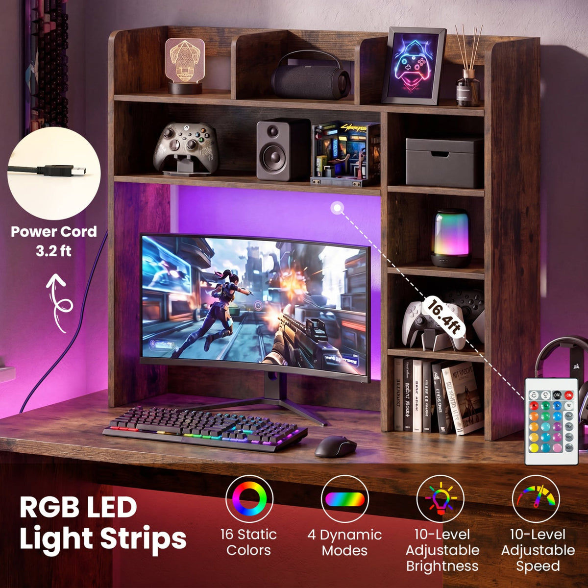 Desktop Bookshelf with LED Lights 35.5 inch Desk Hutch Storage Organizer-Rustic Brown view 6
