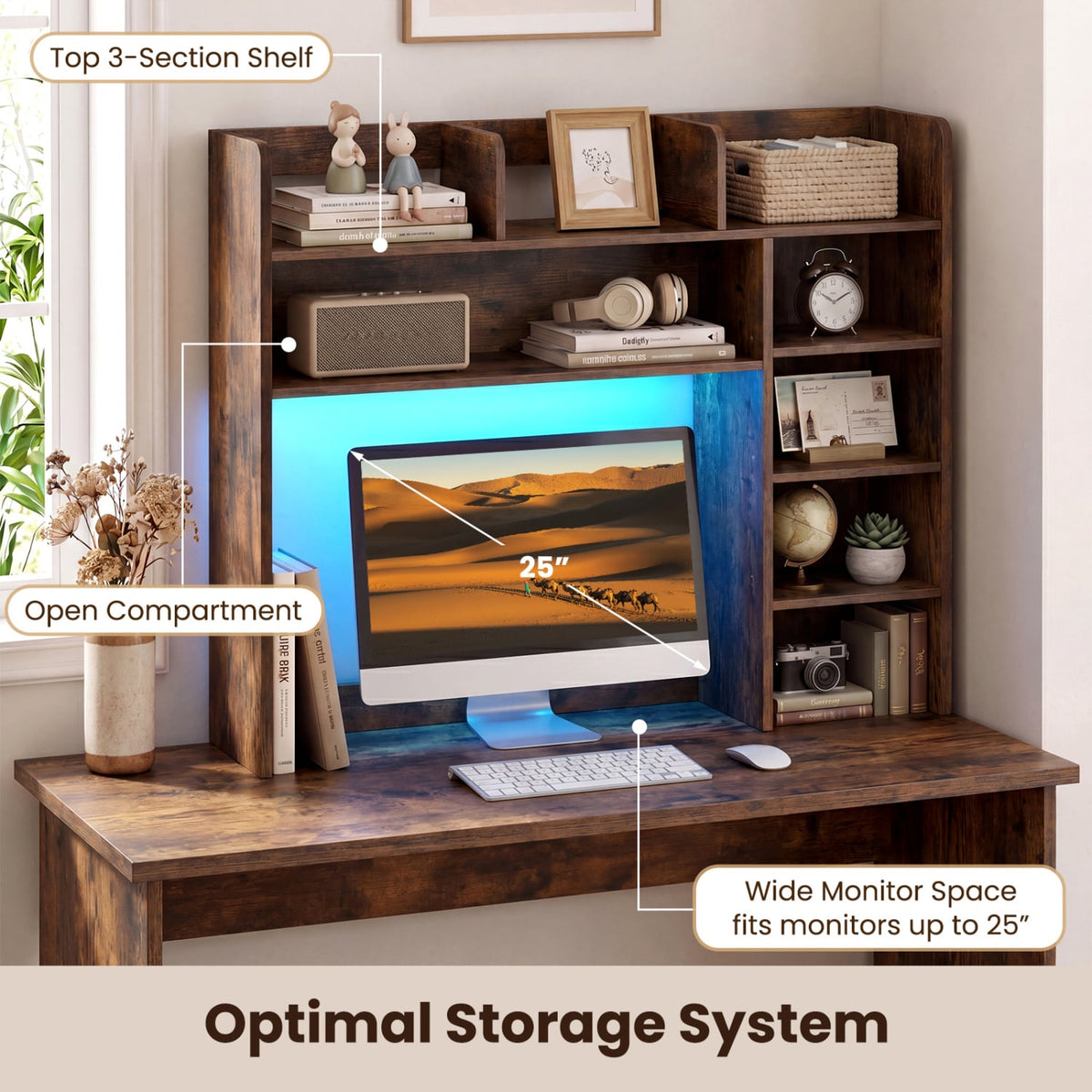 Desktop Bookshelf with LED Lights 35.5 inch Desk Hutch Storage Organizer-Rustic Brown view 8
