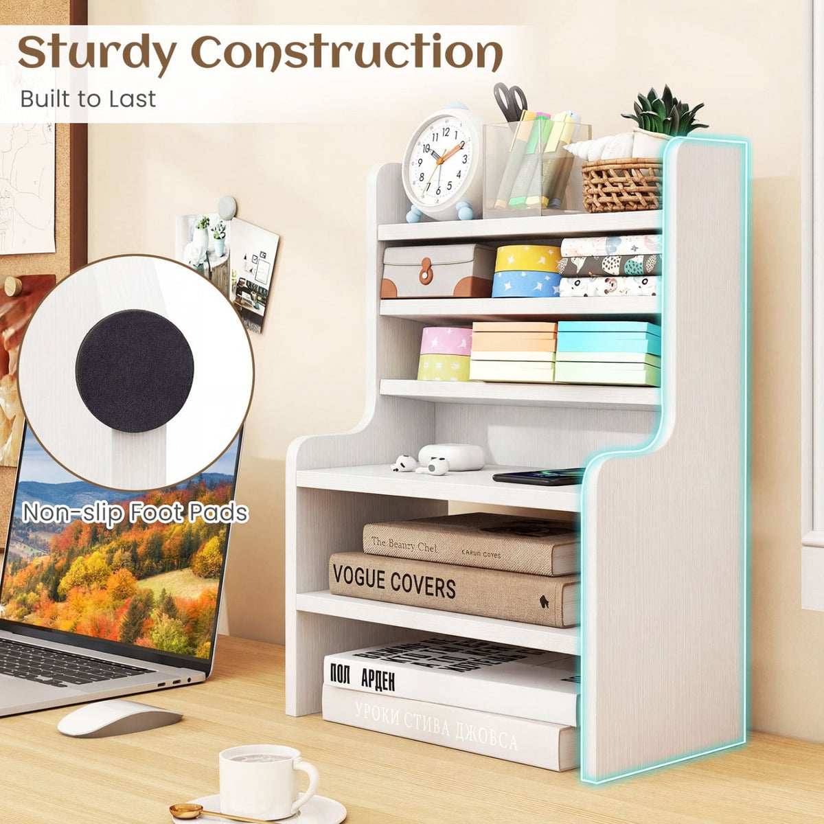 Desktop Organizer 6-Tier Mini Storage Rack with 2 Removable Shelves-White view 8