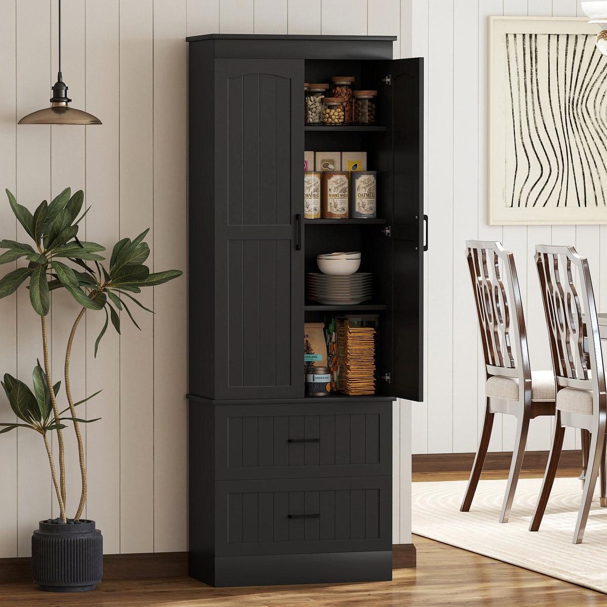 Tall Pantry Cabinet, 67" Kitchen Storage Cabinet with Adjustable Shelves and 2 Drawers for Kitchen, Dining Room, Black