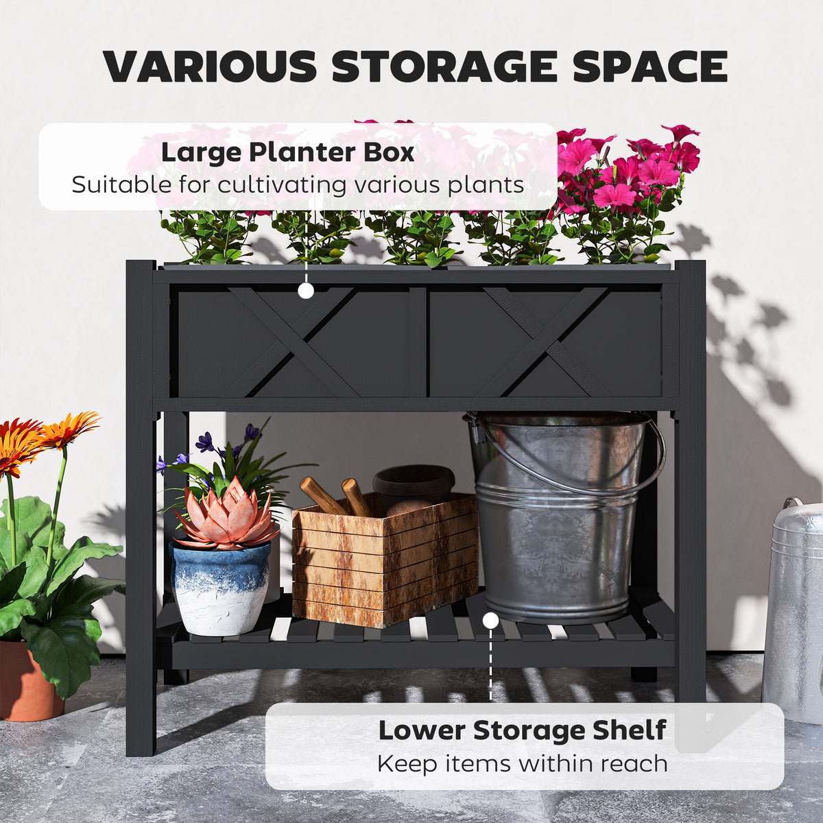 Wooden Raised Garden Bed, Elevated Planter Box with Storage Shelf, Drainage Holes and Liner – view 3