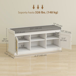 Shoe Bench with Padded Cushion, Boho Entryway Bench with Rattan Doors and Adjustable Shelves, Holds 9 Pairs, White